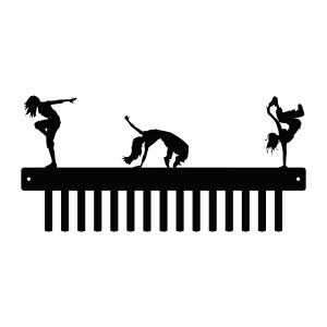 Black painted steel medal holder with silhouettes of three female hip hop dancers in various poses on top. The holder has 15 hooks for hanging medals.